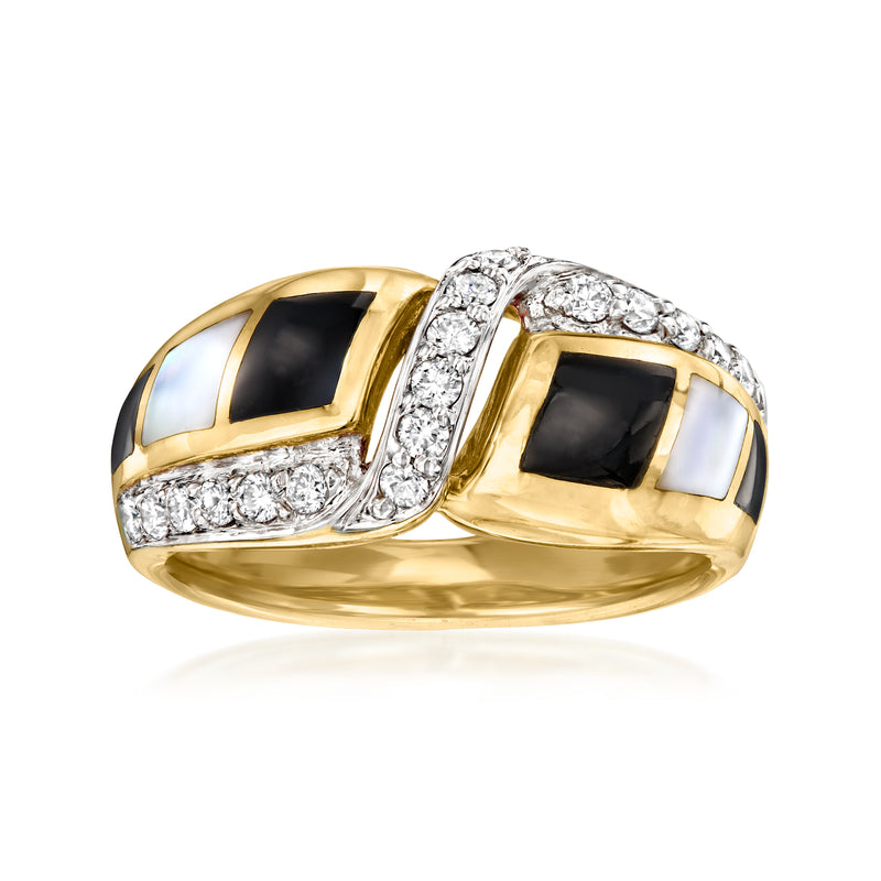 14kt yellow gold ring with black onyx insets and diamond accents