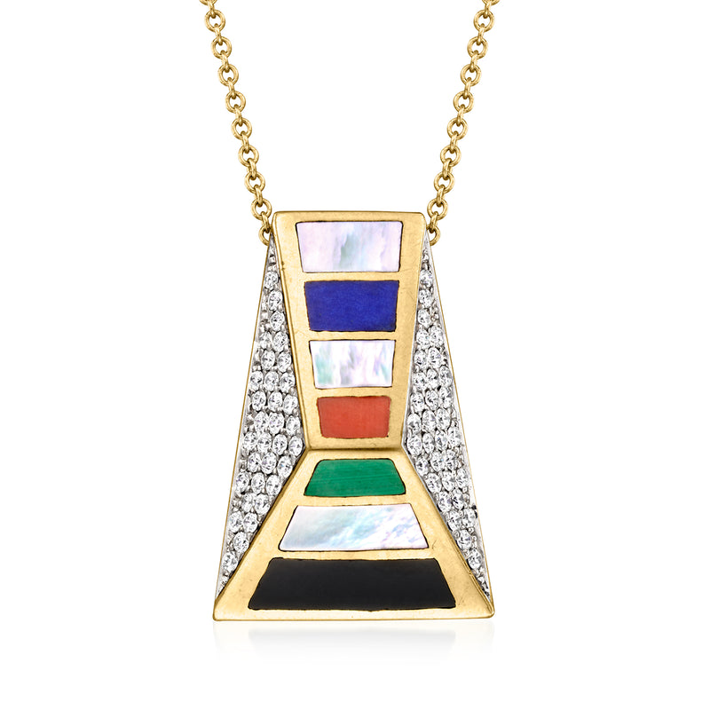 14kt yellow gold multigem and diamond pendant necklace, rectangular channel with colorful stones