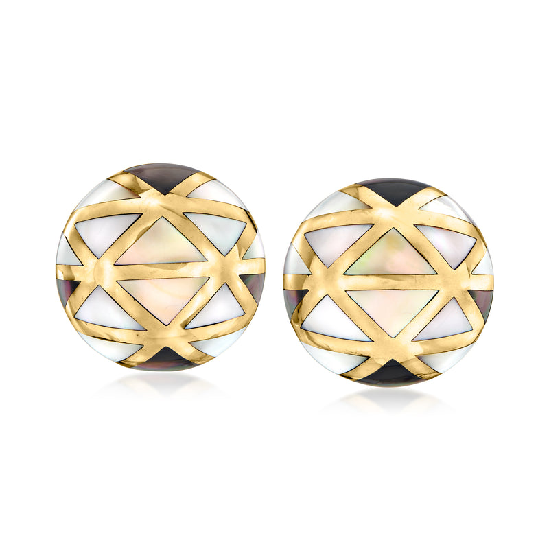 14kt yellow gold and mother-of-pearl round stud earrings with geometric star pattern