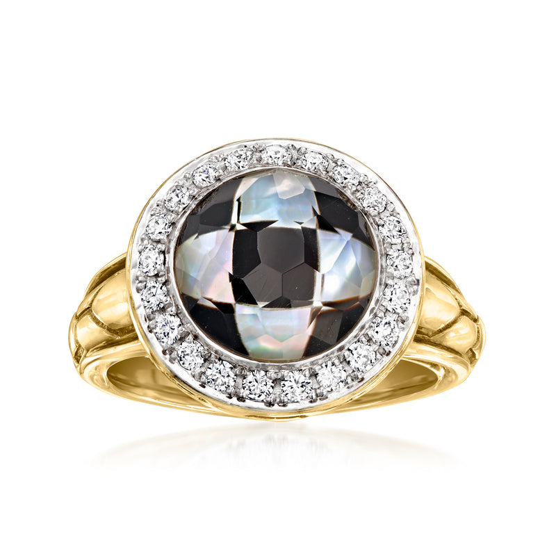 14kt yellow gold ring with large faceted clear stone and diamond halo