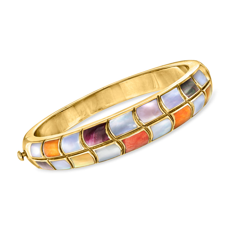 14kt yellow gold bangle with multicolor mother-of-pearl inlay and coral accents