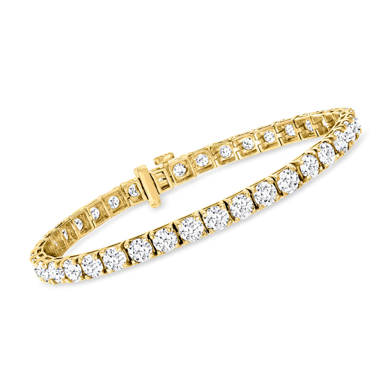 Gold tennis bracelet with lab-grown diamond bezel-set stones across two rows