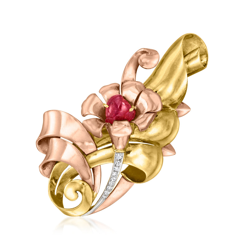 Vintage ruby flower swirl pin in two-tone gold and platinum with diamond accents