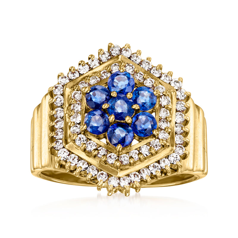 Vintage 18kt yellow gold ring with square cluster of blue sapphires and diamond halo
