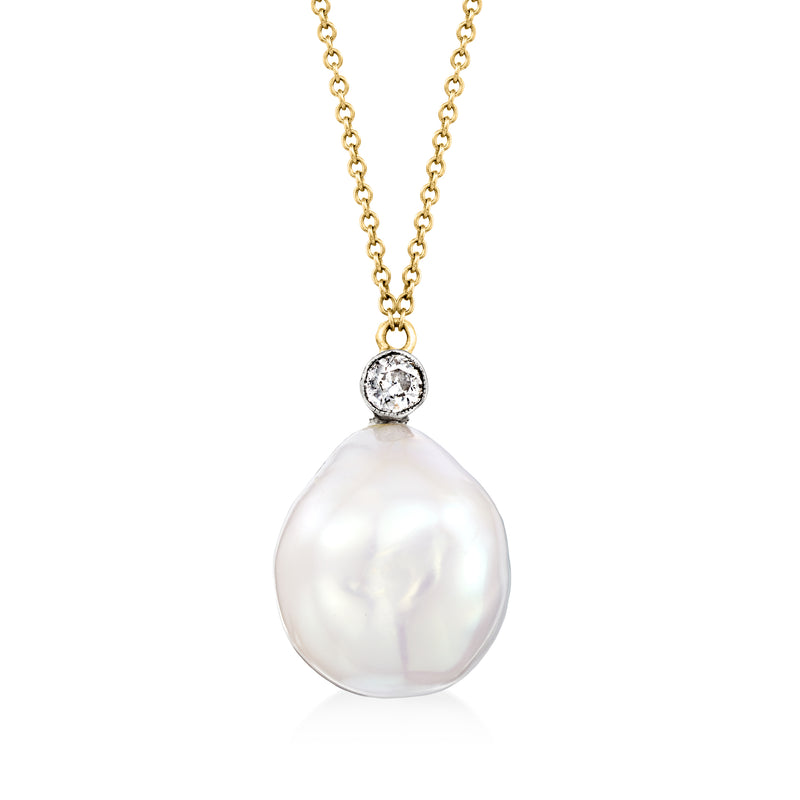 Cultured baroque pearl pendant necklace with round diamond and two-tone gold chain
