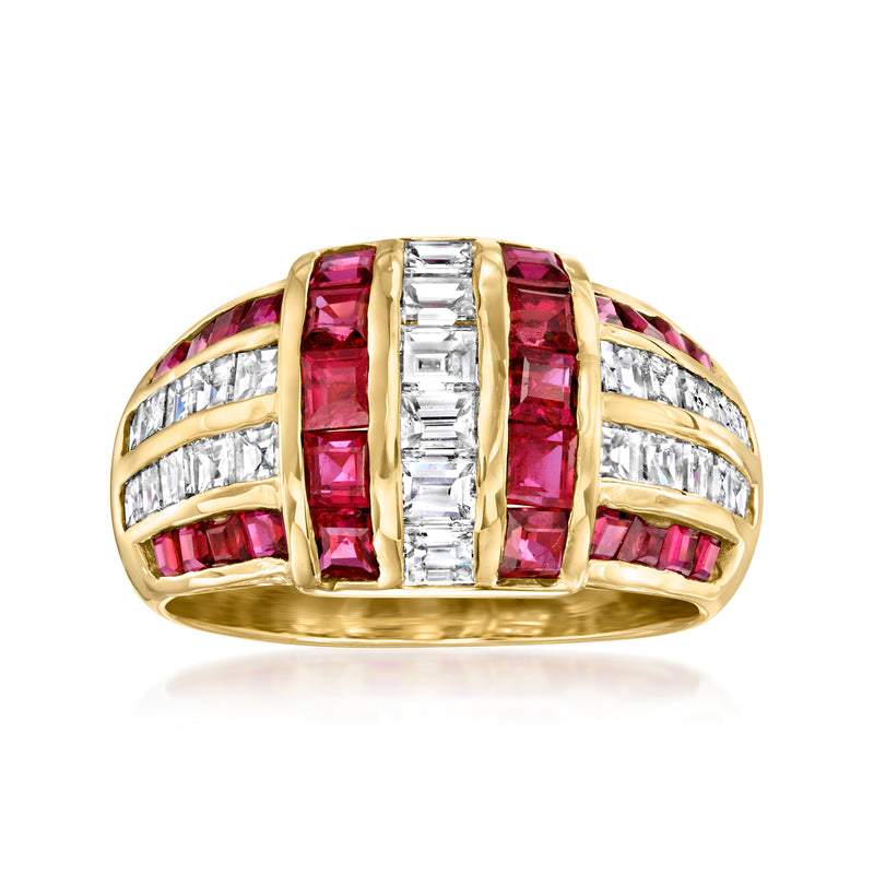 18kt yellow gold striped ring with ruby-red and clear baguette diamond accents