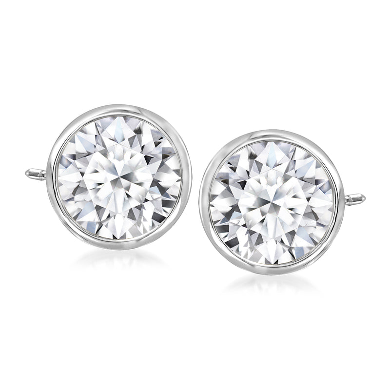 Bezel-set round lab-grown diamond stud earrings, 14kt white gold, circular bezel settings.