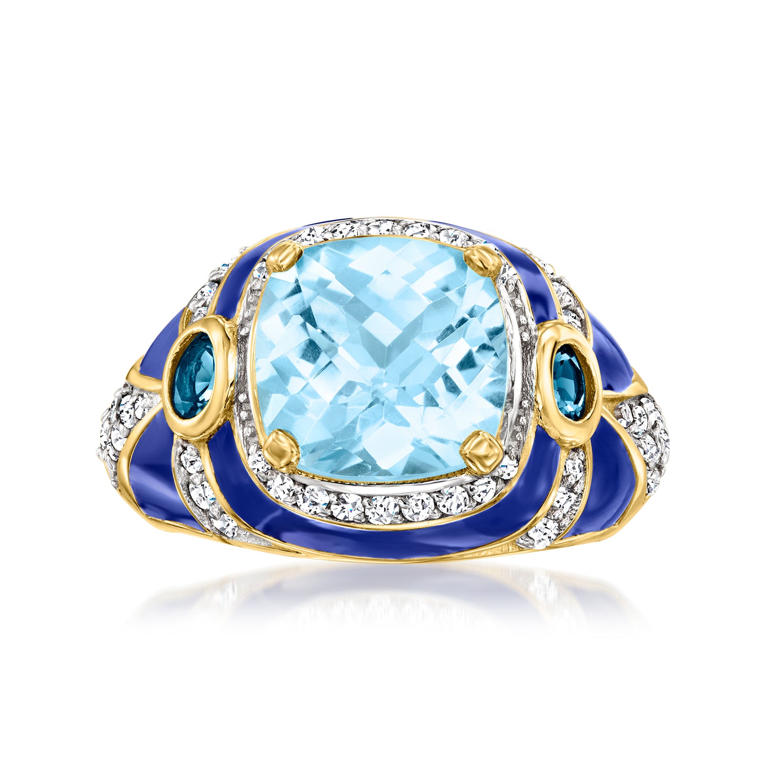4.40 ct. t.w. London and Sky Blue Topaz and .50 ct. t.w. White Zircon Ring with Blue Enamel in 18kt Gold Over Sterling