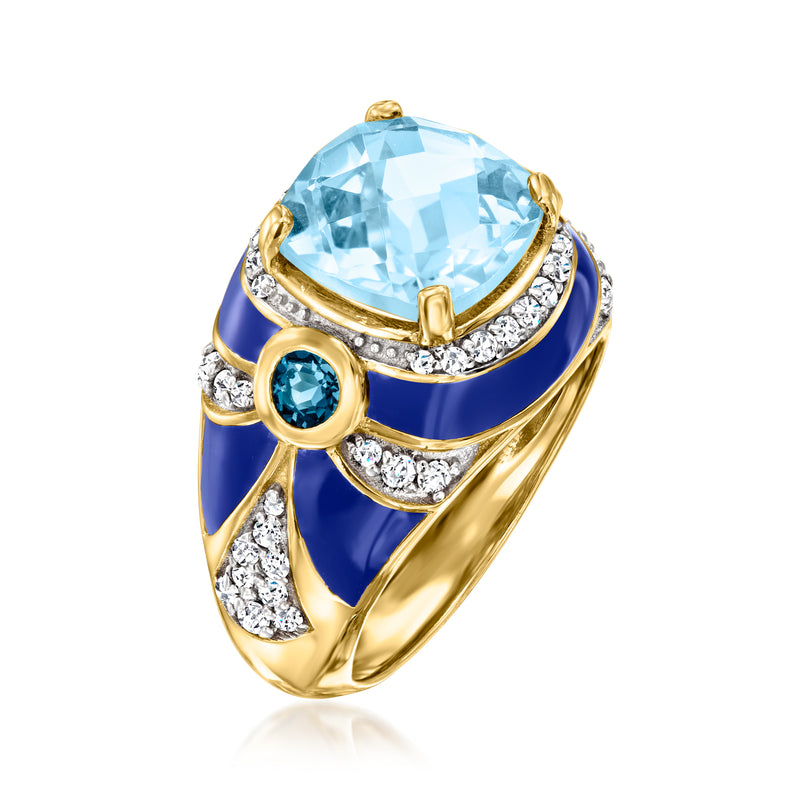 Gold-tone ring side view with light-blue center gemstone, blue enamel band, and clear stones