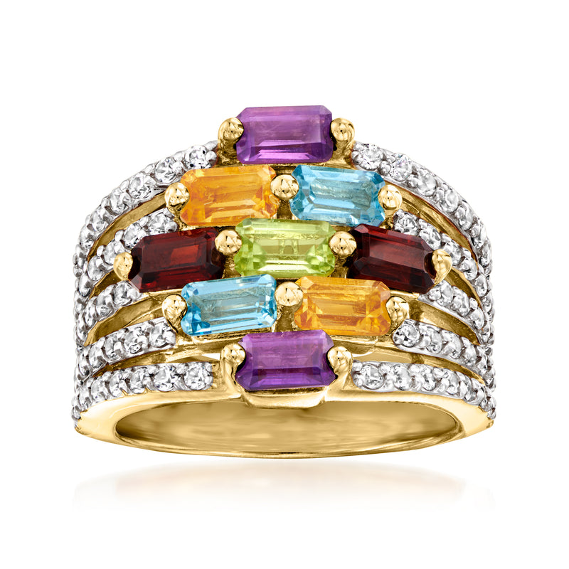 Gold over sterling multi-gemstone ring with oval and baguette stones in purple, orange, blue