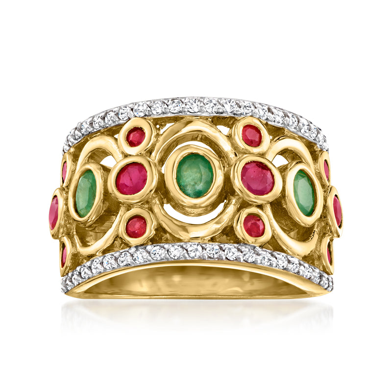 Gold-over-sterling ring with oval green and red gemstones and pavé clear stones