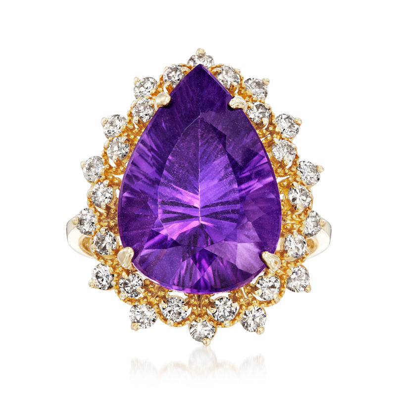 Vintage amethyst pear-shaped cocktail ring in 14kt yellow gold with diamond halo