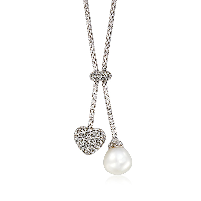 Diamond bow heart drop necklace with cultured pearl teardrop pendant