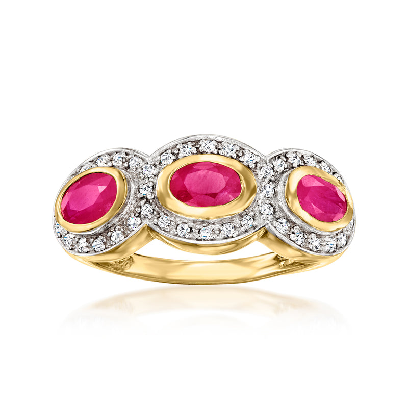 18kt gold over sterling ring with three oval ruby-red stones and white zircon accents