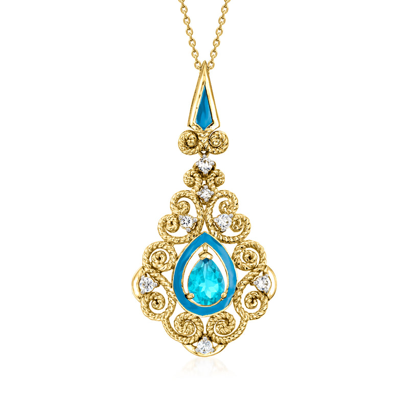 18kt gold over sterling teardrop topaz pendant with blue center and clear accents