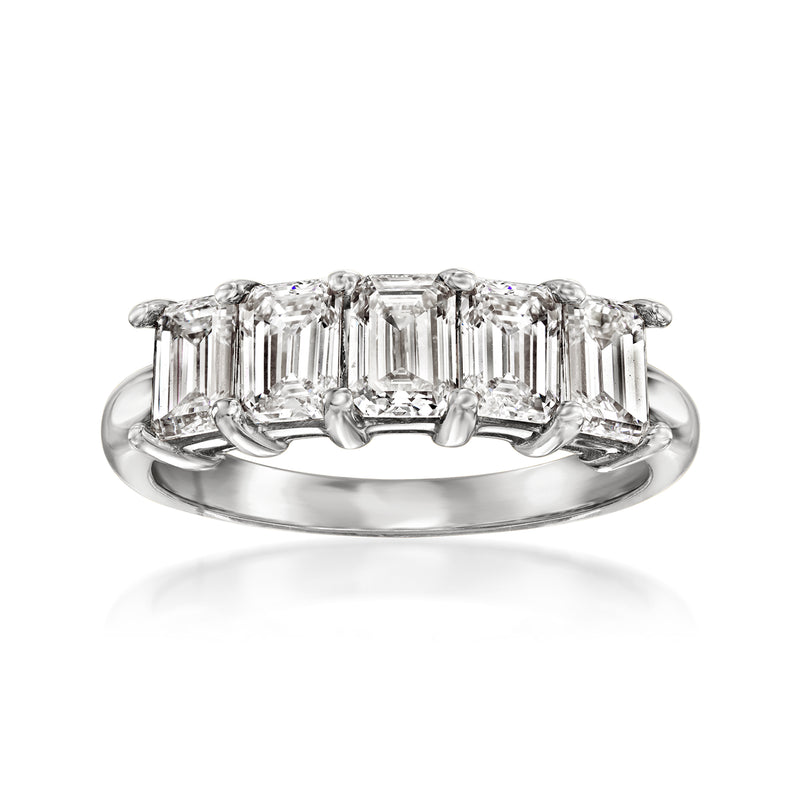 White gold five-stone diamond ring with baguette-cut rectangular stones in prong settings