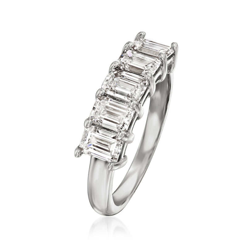 White gold five-stone diamond ring side view with baguette-cut stones and prong setting