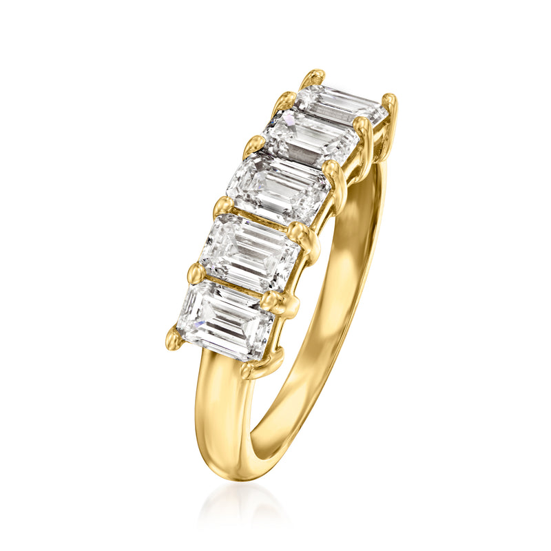 Five-stone diamond ring, side view, 14kt yellow gold with five emerald-cut stones