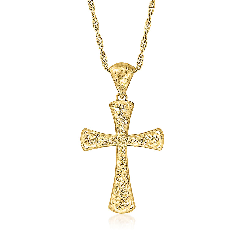 Gold filigree cross pendant on gold-tone chain necklace