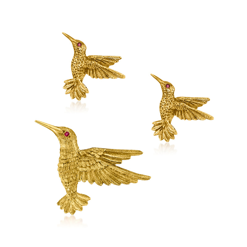 Vintage yellow gold hummingbird pin set, three bird pins with red ruby accents