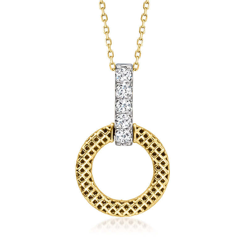 Two-tone gold circle pendant with diamond mesh and baguette-style stone drop