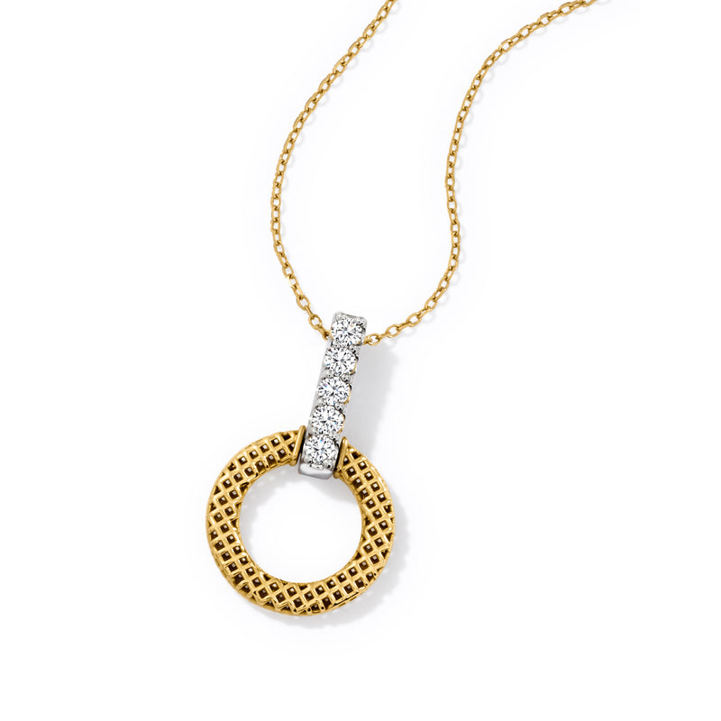 Two-tone gold circle pendant with diamond mesh frame and baguette diamond bar