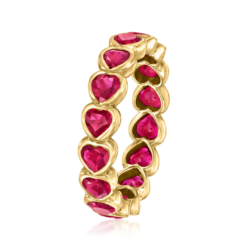 14kt yellow gold ruby eternity band with heart-shaped stones, side view