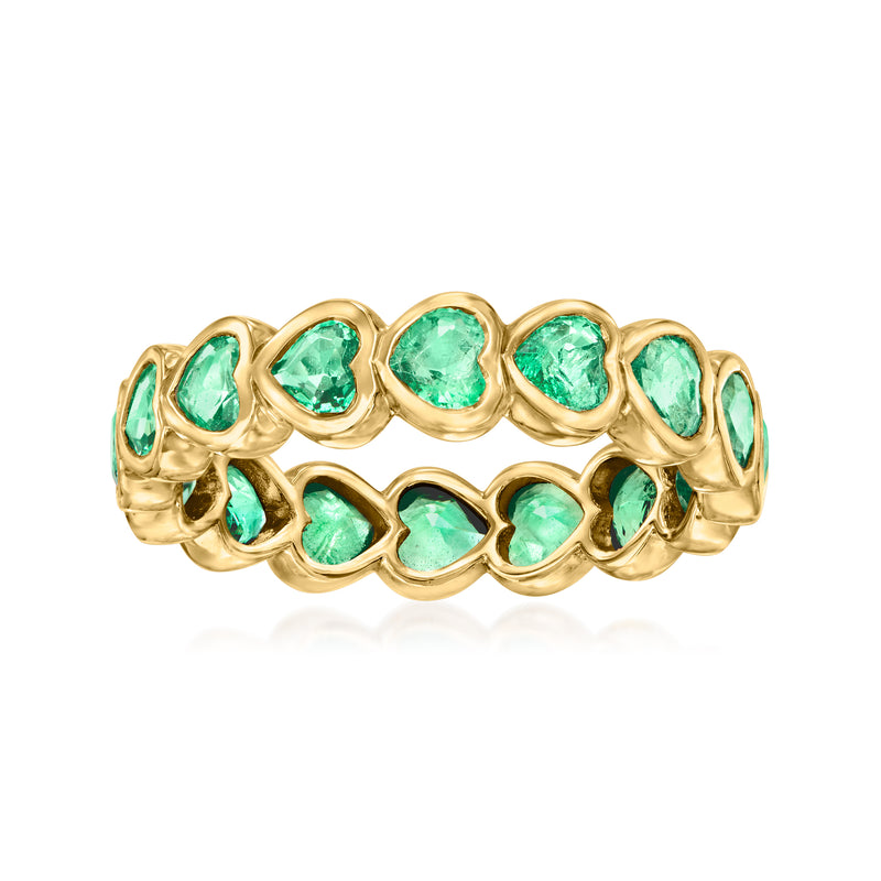 14kt yellow gold eternity band with heart-cut green emerald-look stones
