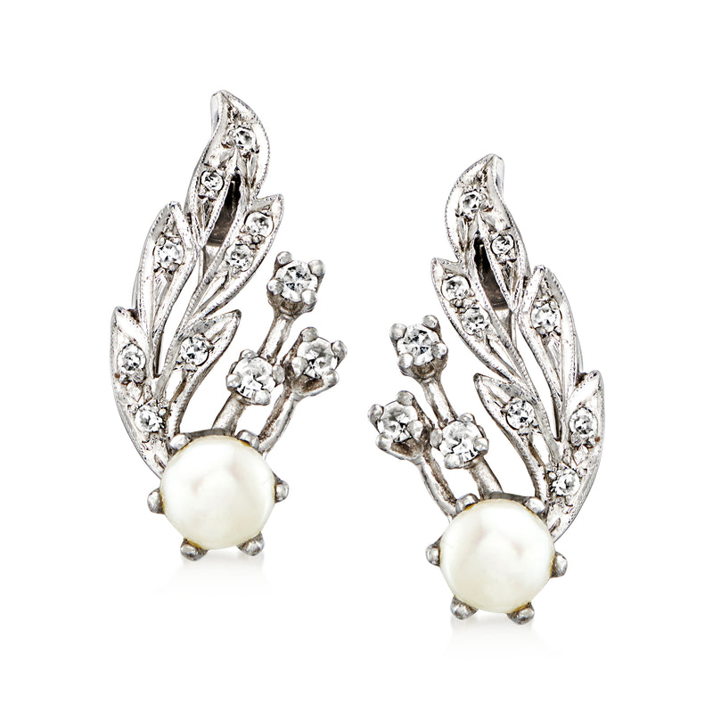 14kt white gold leaf clip-on earrings with cultured pearl and diamond accents