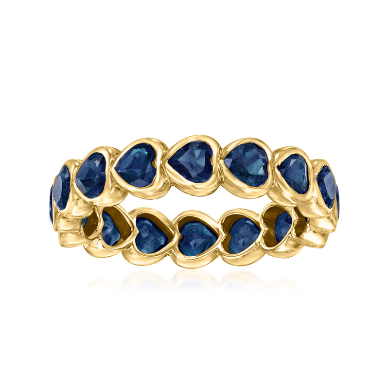 14kt yellow gold eternity band with heart-shaped blue sapphires