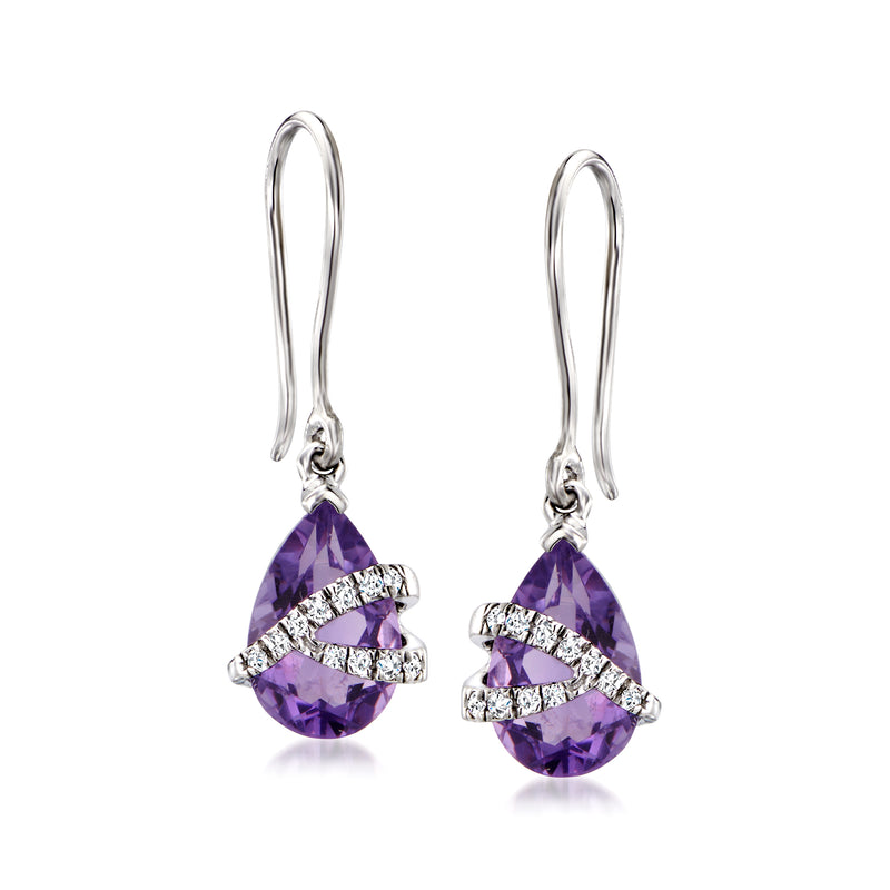 Sterling silver amethyst drop earrings with white zircon accents, earwire
