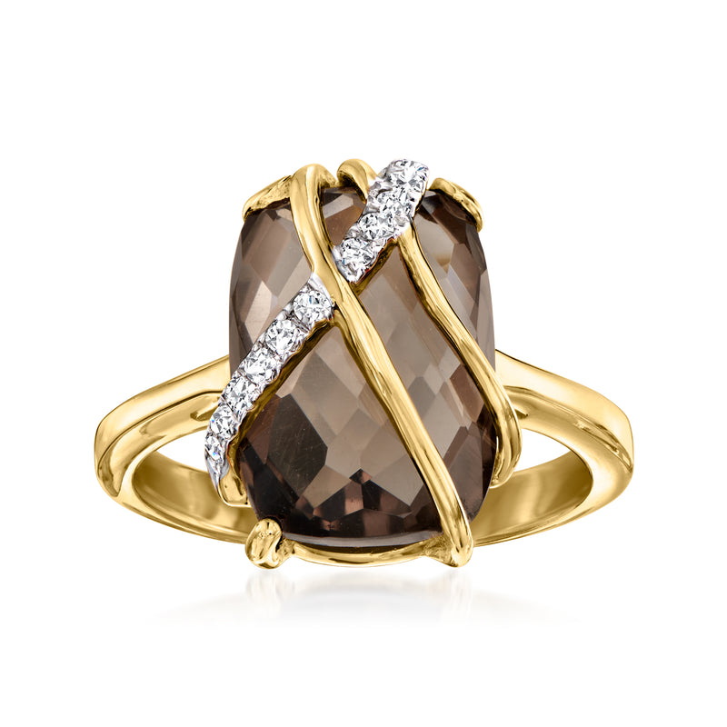Gold-tone smoky quartz ring with white zircon accents in a prong setting