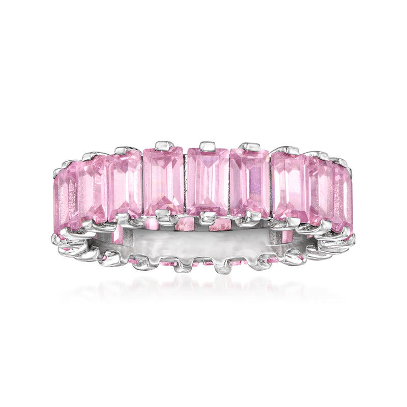 Sterling silver eternity band with pink simulated sapphire baguette stones