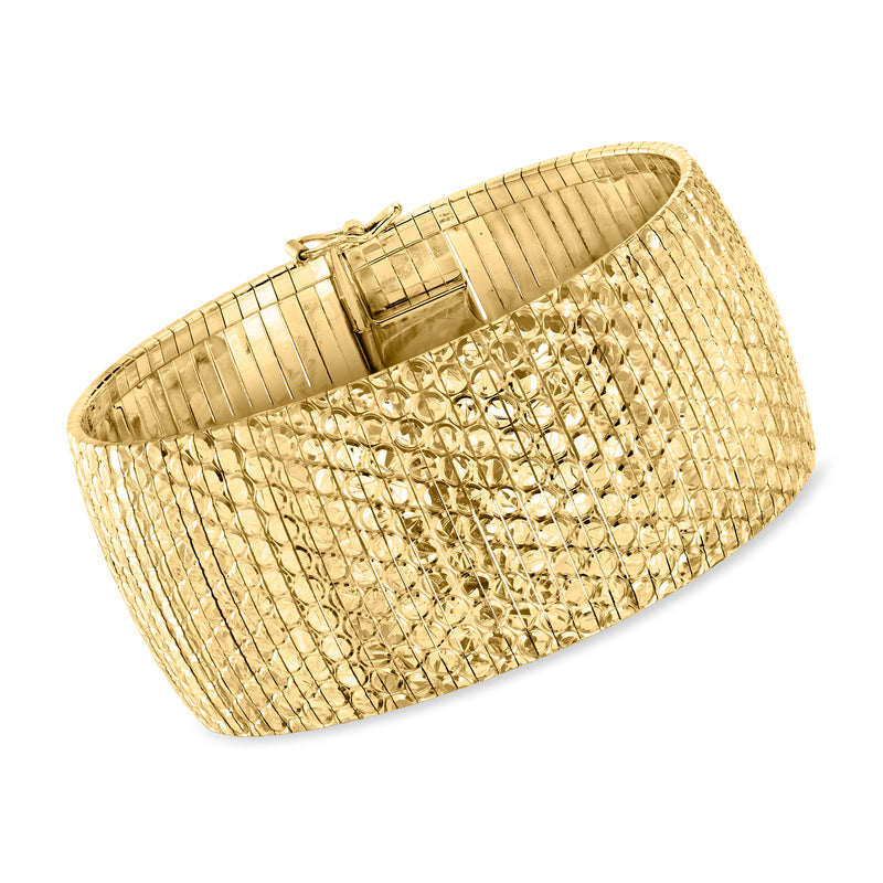 Wide gold-tone mesh omega bracelet with rectangular clasp, hinged design