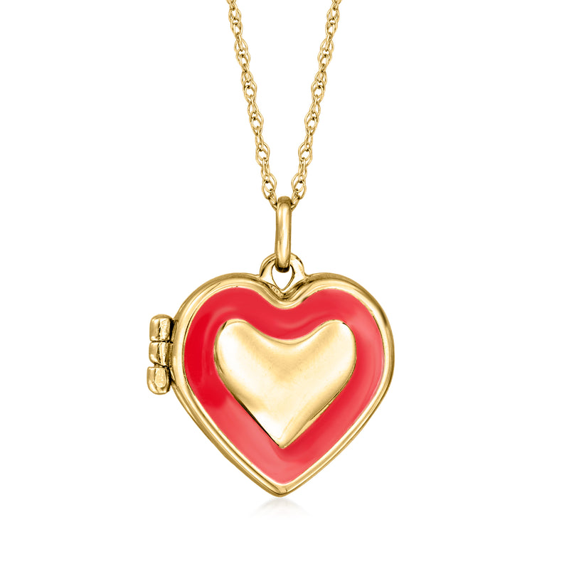 14kt yellow gold heart locket necklace with red enamel front and gold heart inside