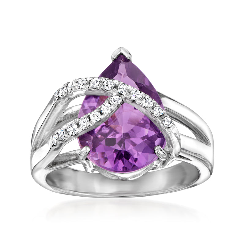 Sterling silver ring with faceted purple amethyst center and white zircon accents