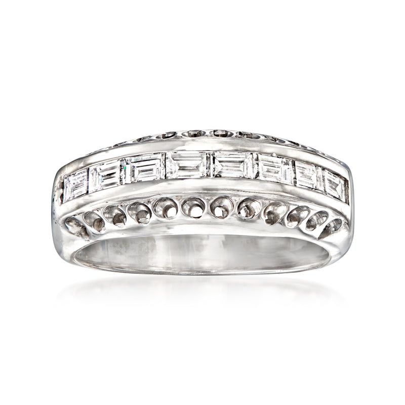 Vintage 14kt white gold diamond band ring with baguette and round diamonds, polished finish
