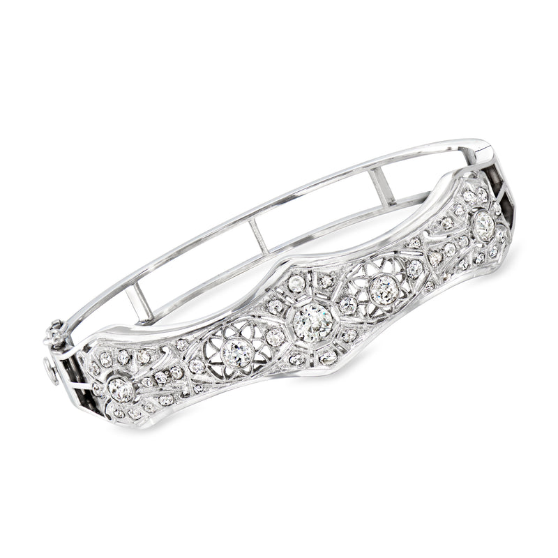 Vintage 14kt white gold diamond filigree bangle bracelet with rounded center rows