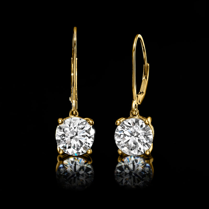 14kt yellow gold leverback drop earrings, round lab-grown diamonds, side view
