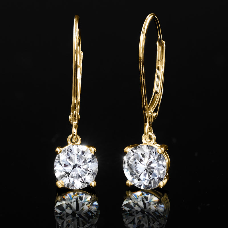 Side view: 14kt yellow gold leverback diamond drop earrings, round stones, 2 ct tw