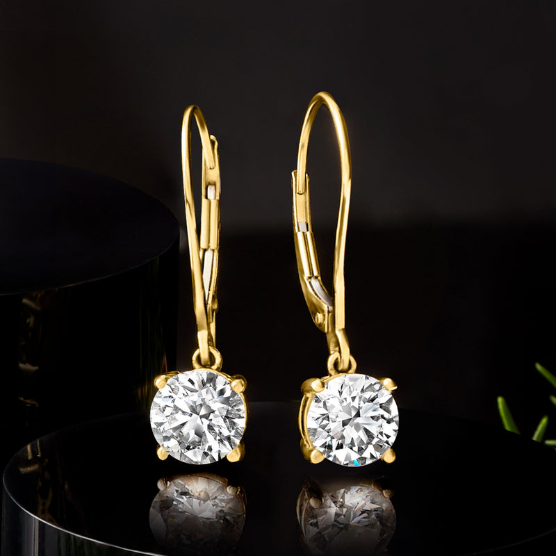 Angled view: 14kt yellow gold leverback diamond drop earrings with round lab-grown stones