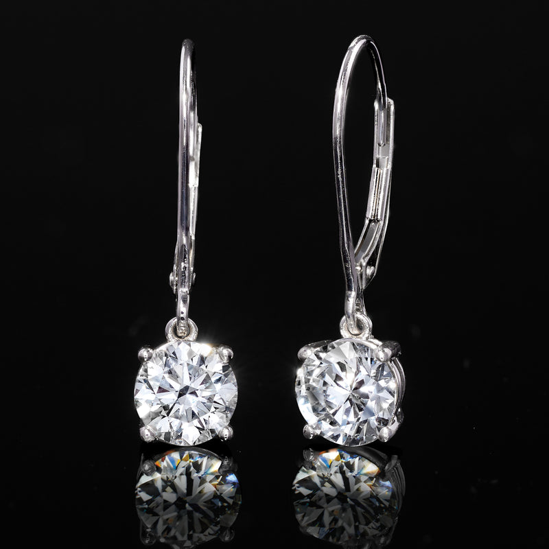 Round diamond drop earrings in 14kt white gold, leverback hooks