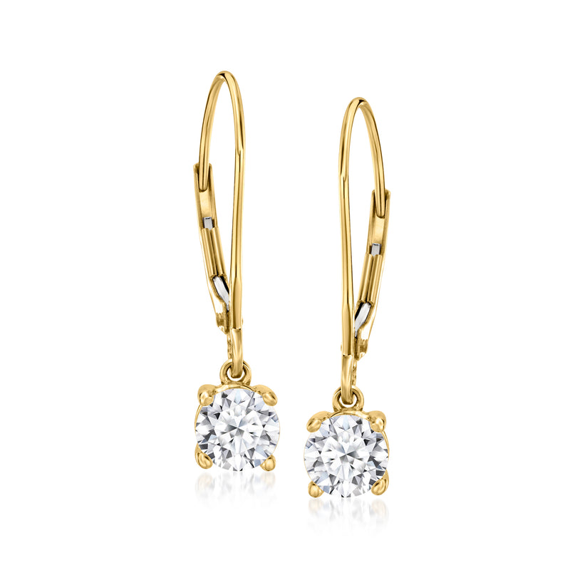 14kt yellow gold diamond drop leverback earrings, round stones