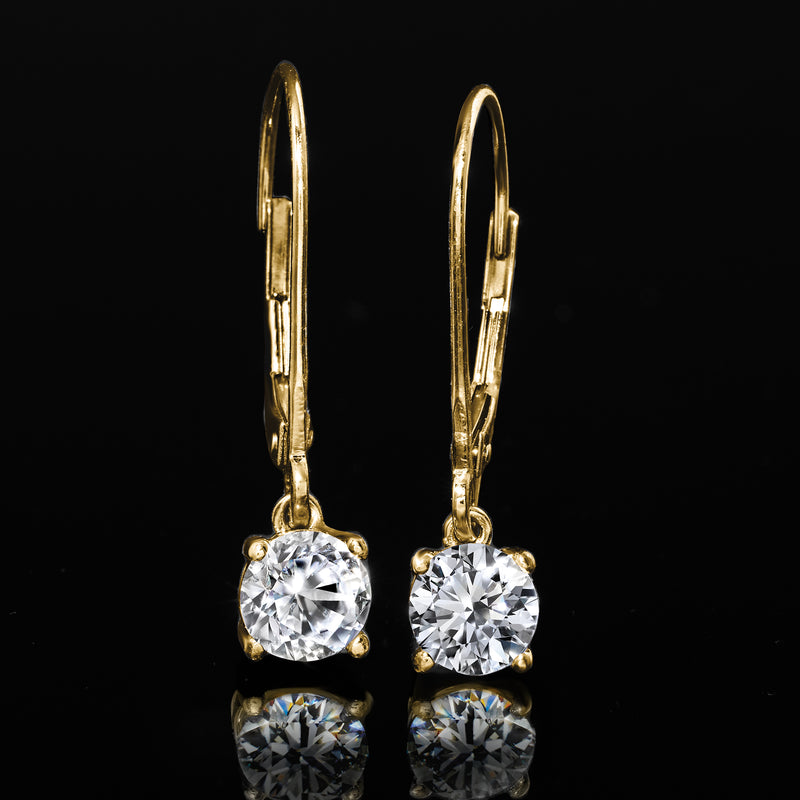 14kt yellow gold diamond drop leverback earrings with round stones, hanging