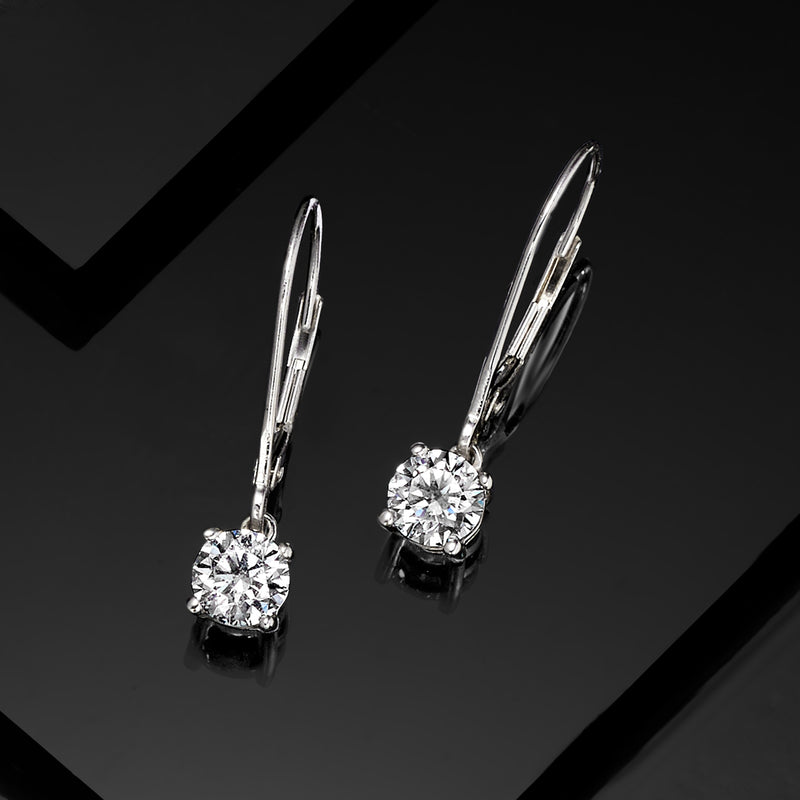 Angle view: 14kt white gold leverback diamond drop earrings with round stones