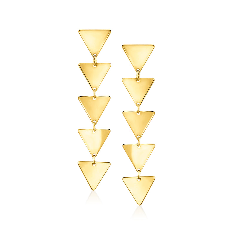 14kt yellow gold drop earrings with three stacked triangle charms on linear links