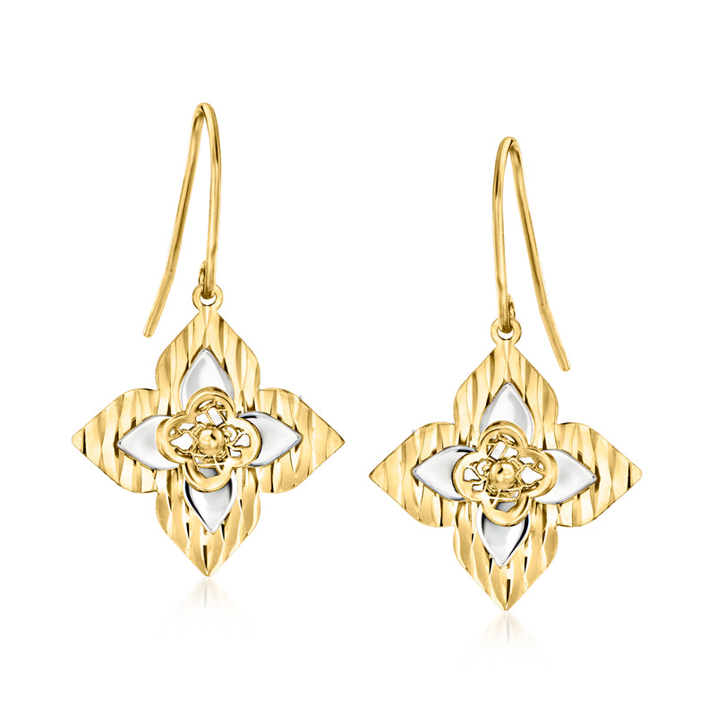 Two-tone gold flower drop earrings with textured petals, white center, and earwire hooks