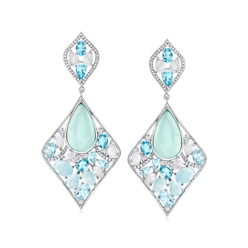 Sterling silver multi-gemstone drop earrings, diamond frames with aqua pear center