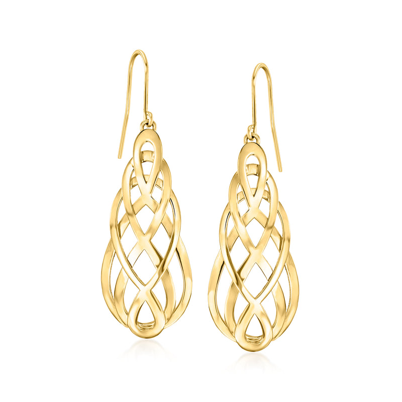 14kt yellow gold braided drop earrings with lattice teardrop design and hook earwires