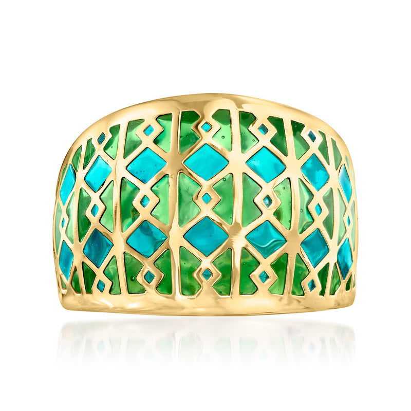 14kt yellow gold geometric enamel ring with turquoise and green panels